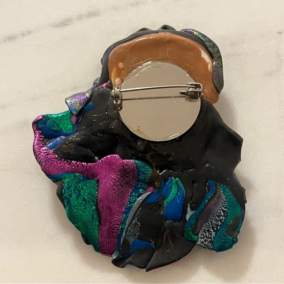 VTG Art Deco Lady Face Head Brooch Pin with real feathers Aristocrat - Picture 6 of 11